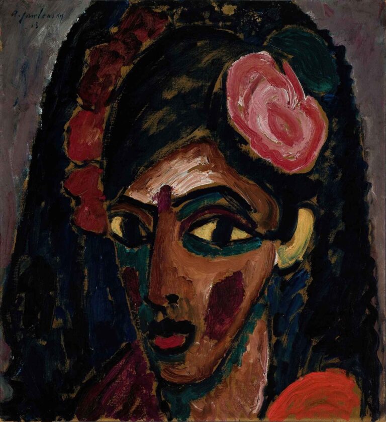 Oil portrait of an “Egyptian Girl” by Alexej von Jawlensky (1913): a close-cropped face with large almond eyes and stylized features painted in vibrant ochre, rose, green, and blue, topped by a pink floral headdress.
