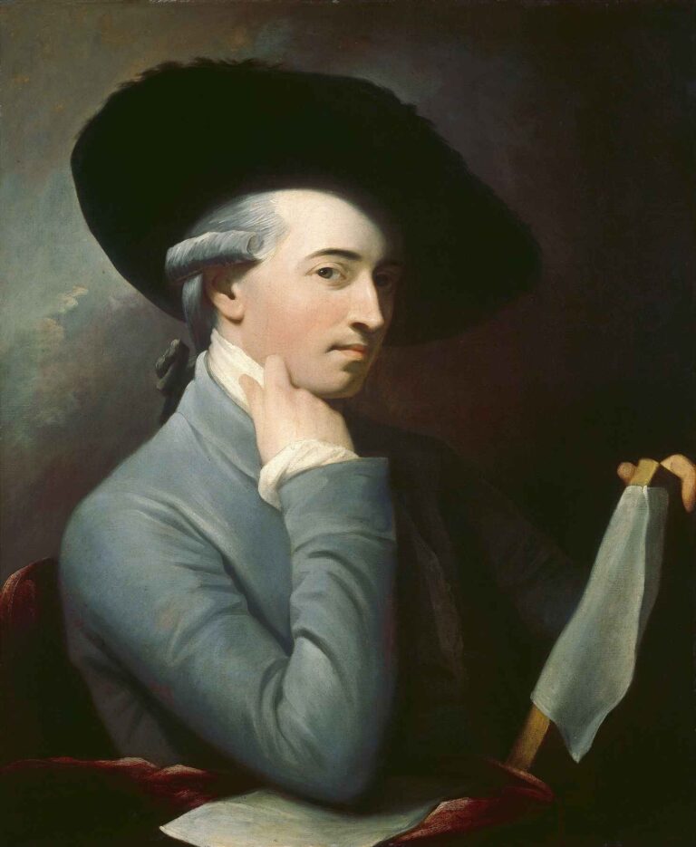 Benjamin West’s 1776 self-portrait showing the artist in a blue coat and black tricorn hat, seated thoughtfully with a hand at his neck and holding a cloth-draped stick, conveying poise and intellect.