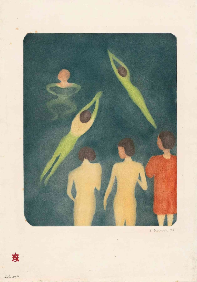 Abstract depiction of boys bathing, with some swimming and others standing at the water's edge, rendered in soft, muted tones by Edvard Munch.