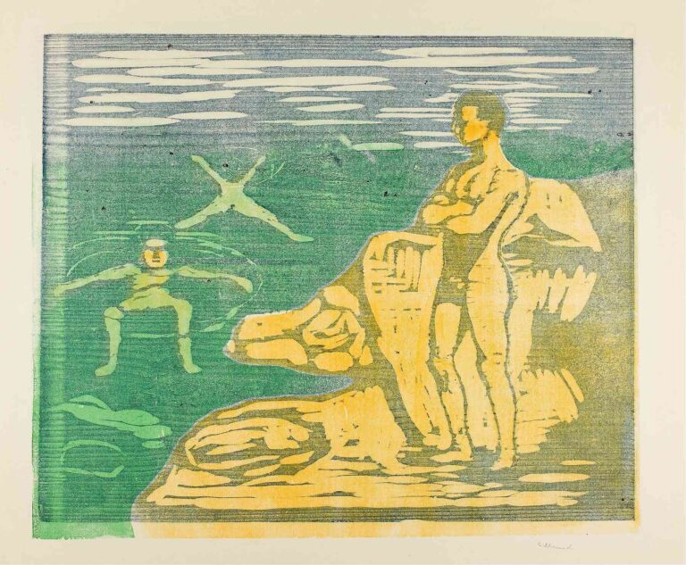 Edvard Munch, “Boys Bathing” (1899): three simplified nude boys in a green woodcut bath scene—two wading in water, one standing on a rock—rendered with bold flat colors and textured woodgrain.