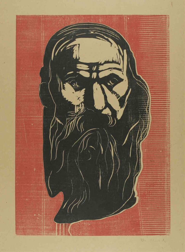 Edvard Munch, “Head of an Old Man with Beard” (1902): monochrome woodcut portrait of an elderly bearded man in black relief against a textured red-brown background, emphasizing expressive line and form.
