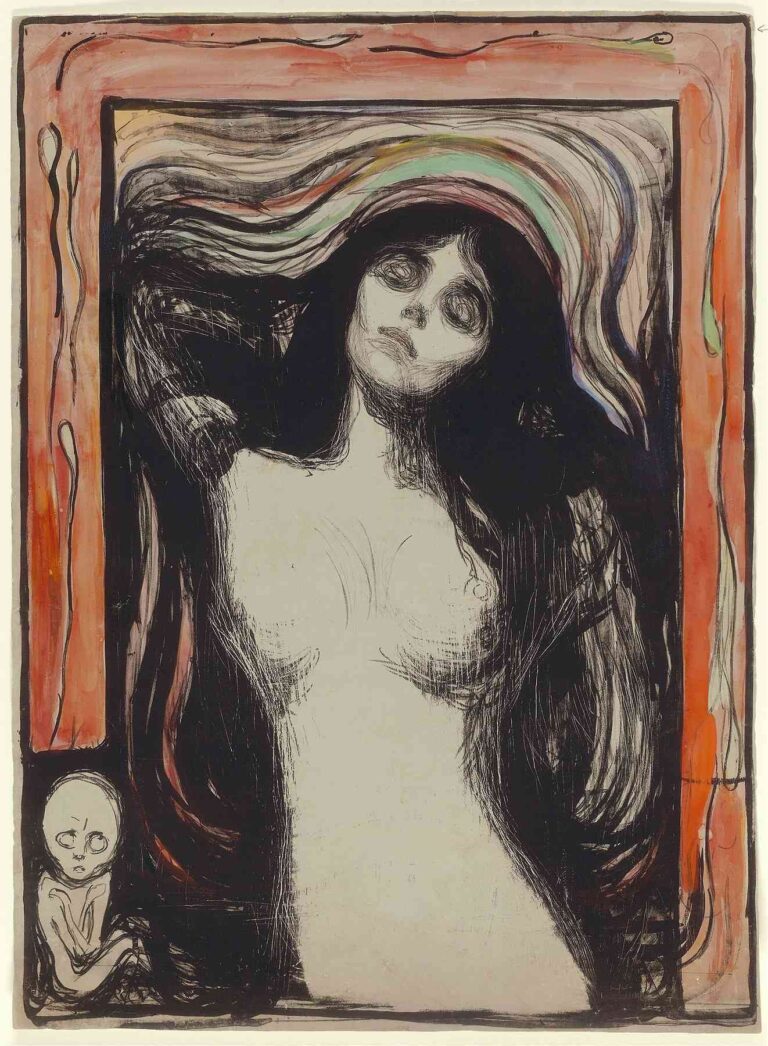 Edvard Munch, “Madonna” (c.1894–95): hand-colored lithograph of a reclining nude woman with flowing black hair and a blood-red halo arch, accompanied by a small, emaciated fetus-like figure in the lower left, evoking themes of ecstasy and mortality.