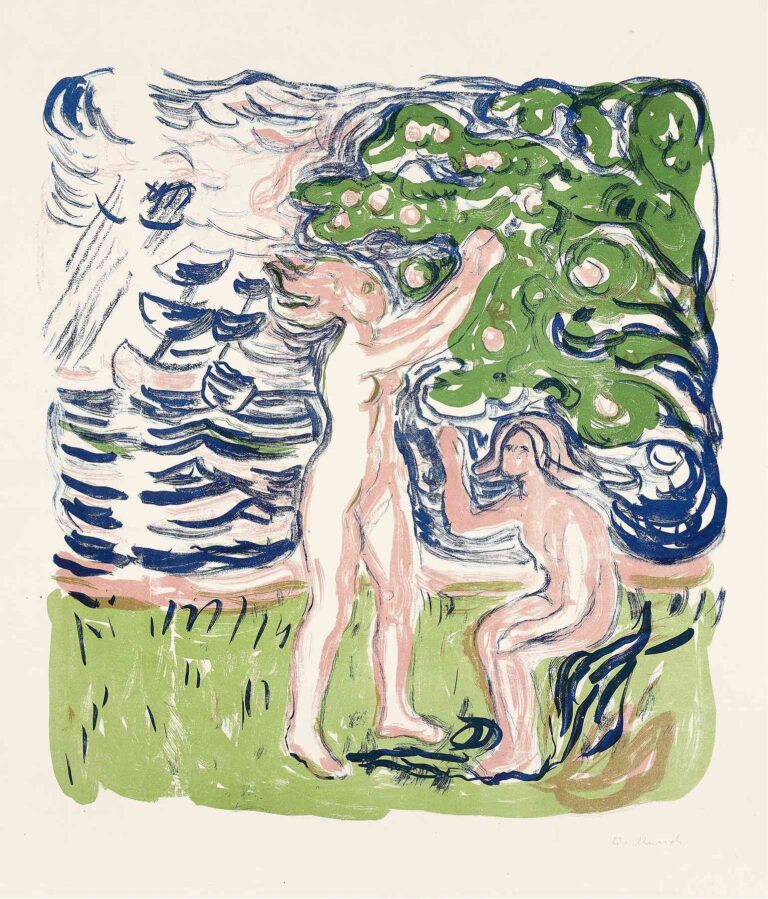 Edvard Munch’s “Neutralia” (1915): two nude figures—one standing beneath a fruiting tree, the other seated—are framed by swirling green foliage and a rippling blue shoreline, rendered in expressive color woodcut lines.