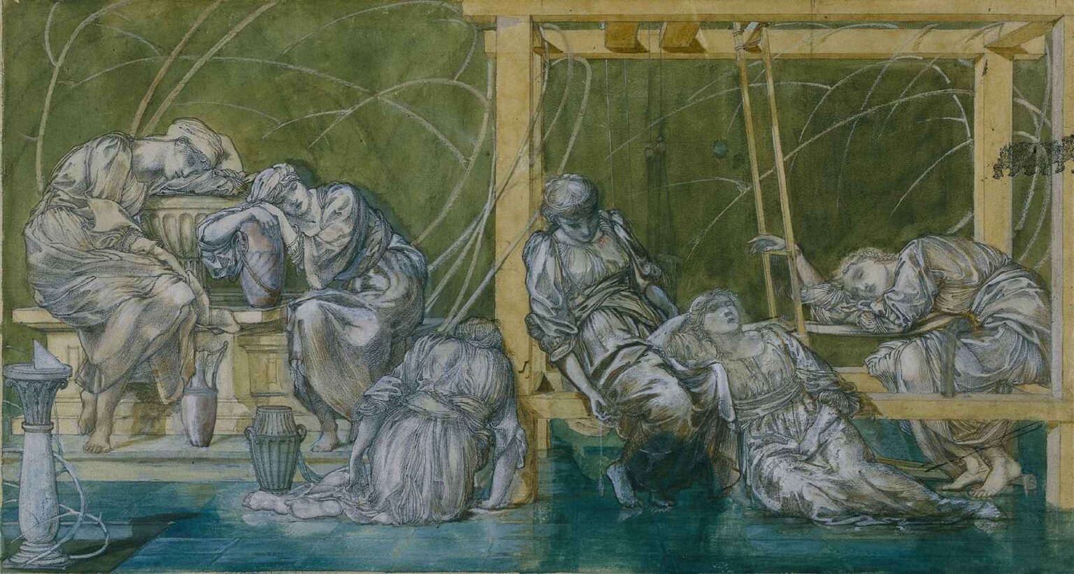 A dreamlike painting by Sir Edward Burne-Jones showing a row of sleeping women in flowing robes, draped across stone benches and wooden structures in a quiet garden.