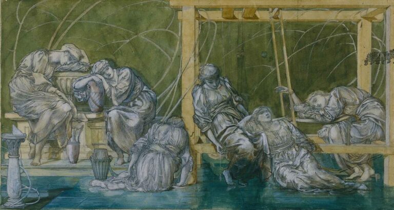 A dreamlike painting by Sir Edward Burne-Jones showing a row of sleeping women in flowing robes, draped across stone benches and wooden structures in a quiet garden.
