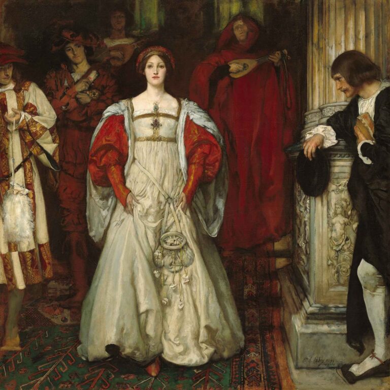 A richly detailed painting by Edwin Austin Abbey showing a regal woman in a white gown standing among elaborately dressed courtiers and musicians in a Renaissance setting.