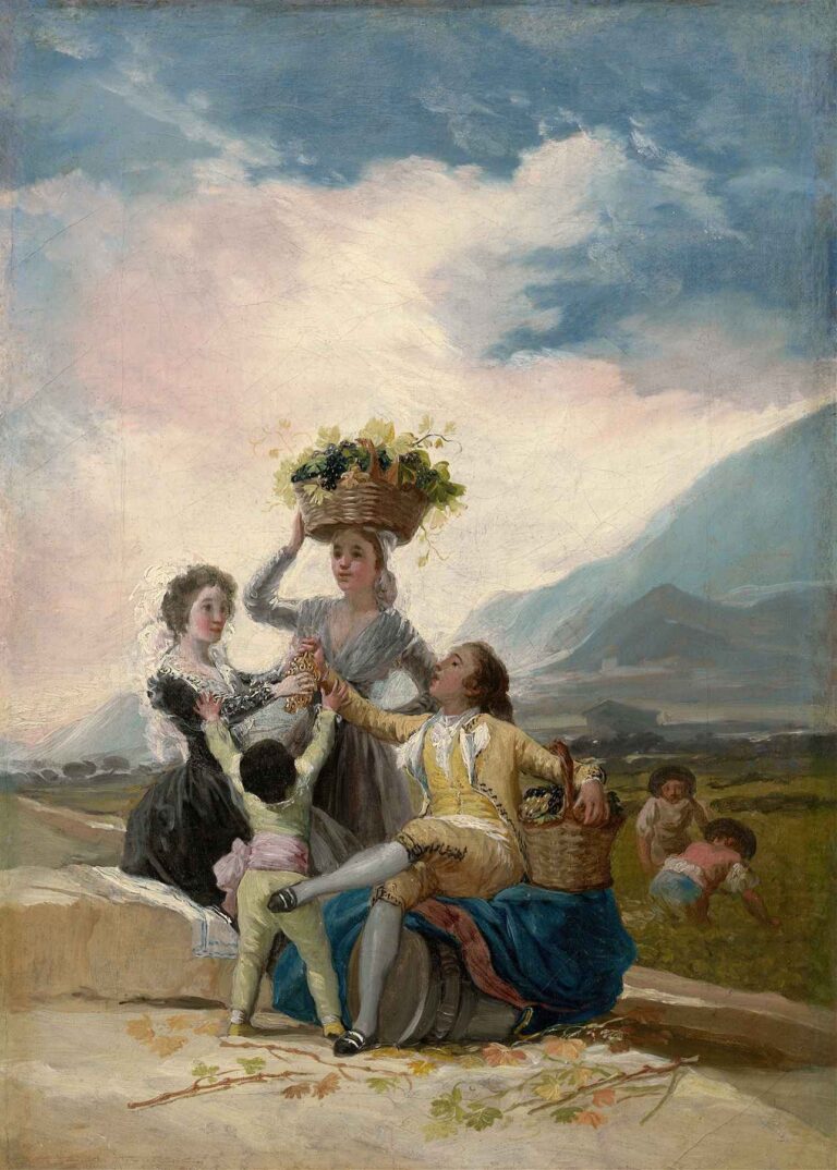Francisco de Goya’s Autumn (La Vendimia), a colorful 18th-century pastoral scene depicting elegantly dressed figures harvesting grapes against a mountainous landscape, symbolizing seasonal abundance and rural harmony.