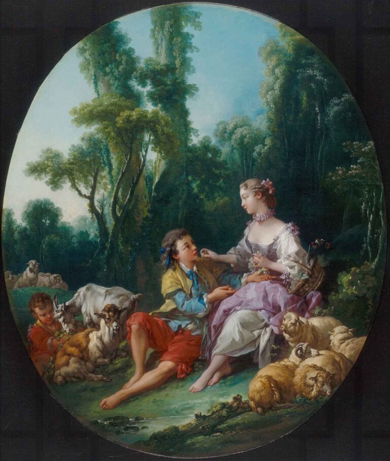 Discover François Boucher’s 1747 Rococo gem “Are They Thinking about the Grape?”—an intimate pastoral fête of youth, romance, and Arcadian charm.