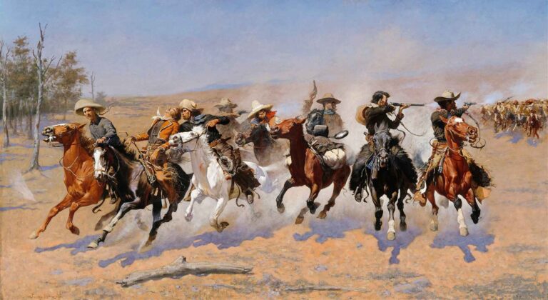 A dramatic painting by Frederic Remington showing cowboys on horseback galloping at full speed, firing rifles while fleeing across a dusty Western landscape.