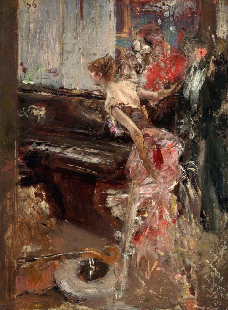 A dynamic 19th-century painting by Giovanni Boldini showing a woman in an elegant gown playing the piano, surrounded by onlookers in a richly textured interior.