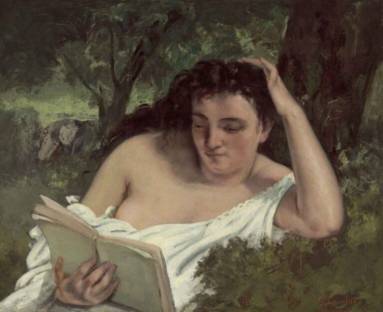 Oil painting by Gustave Courbet of a young woman in a white dress seated outdoors under trees, absorbed in reading an open book.