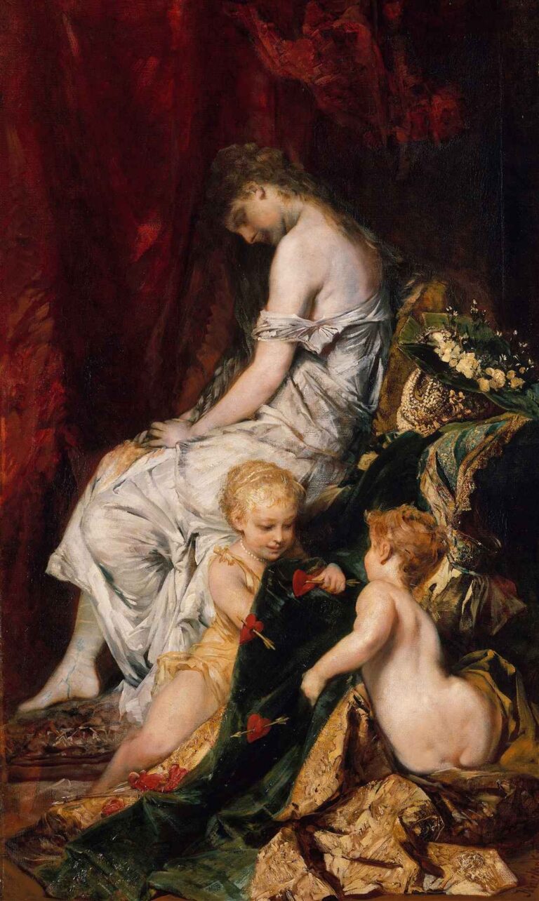 Oil painting of a reclining woman draped in a white gown, her head bowed, with two cherubic children playing with red hearts on gold and green fabrics beneath a deep red curtain.