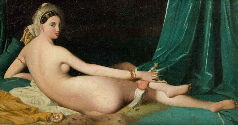 Jean Auguste Dominique Ingres’s La Grande Odalisque: an elongated nude woman reclines on a low divan draped in green and gold silks, wearing a turban, with a hookah and sumptuous fabrics surrounding her.