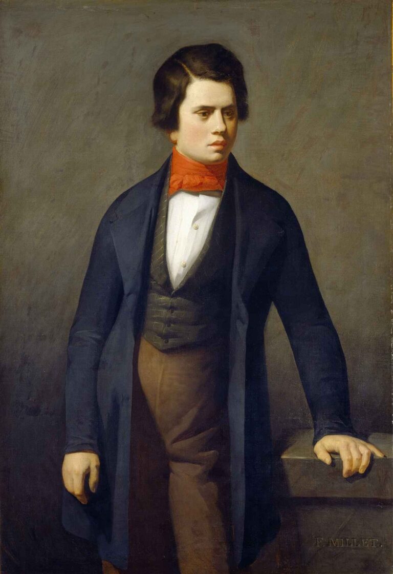 Portrait of the young poet Leconte de Lisle by Jean-François Millet, showing a dark-haired man in formal 19th-century attire with a red cravat, gazing pensively to the side, one hand resting on a stone ledge.