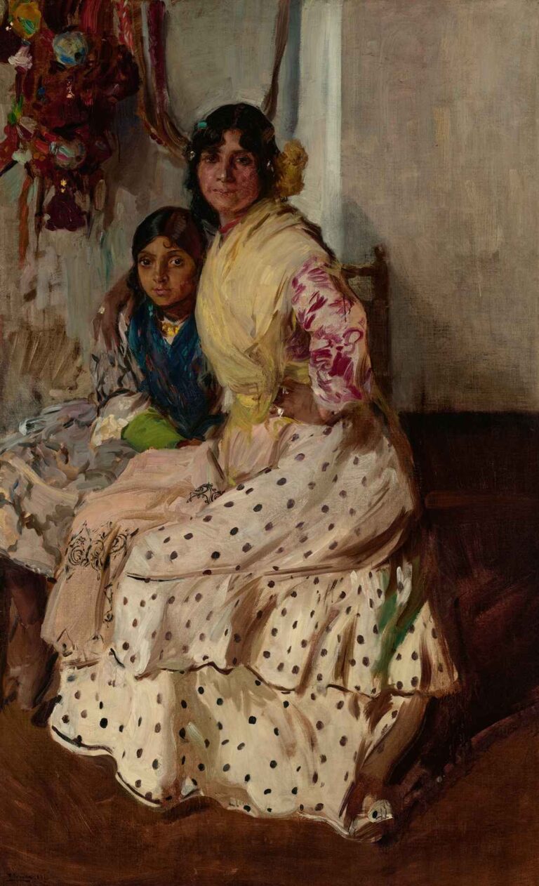 Oil painting of a gypsy mother in a burgundy shawl and her daughter in a blue scarf and polka-dot skirt seated together against a muted interior background, rendered with loose, expressive brushwork.