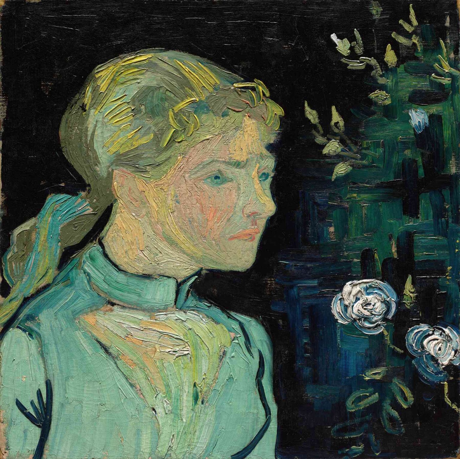 Vincent van Gogh, “Adeline Ravoux” (1890): profile view of a teenage girl with blond hair tied by a green ribbon, wearing a sea-green dress, set against a dark background with white roses.