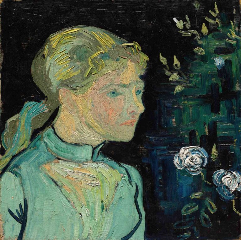 Vincent van Gogh, “Adeline Ravoux” (1890): profile view of a teenage girl with blond hair tied by a green ribbon, wearing a sea-green dress, set against a dark background with white roses.