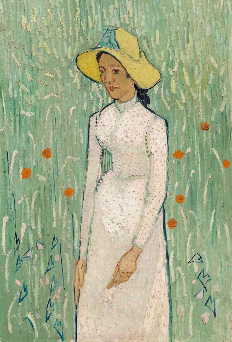 Vincent van Gogh, “Girl in White” (1890): full-length view of a young woman in a dotted white dress and straw hat standing still in a green wheat field dotted with orange poppies.