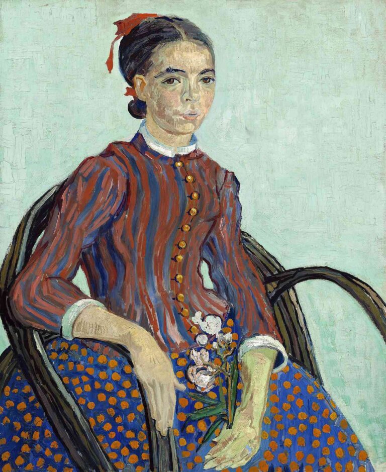 Vincent van Gogh, “La Mousmé” (1888): seated young woman in a striped red-and-blue bodice, white collar, and red hair ribbon, set against a flat pale-green background.