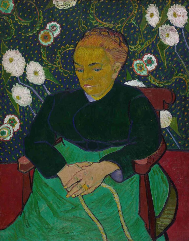 Vincent van Gogh, “Madame Roulin Rocking the Cradle” (1889): seated woman in dark blouse and green skirt holding cradle rope, set against a patterned blue-green floral wallpaper.