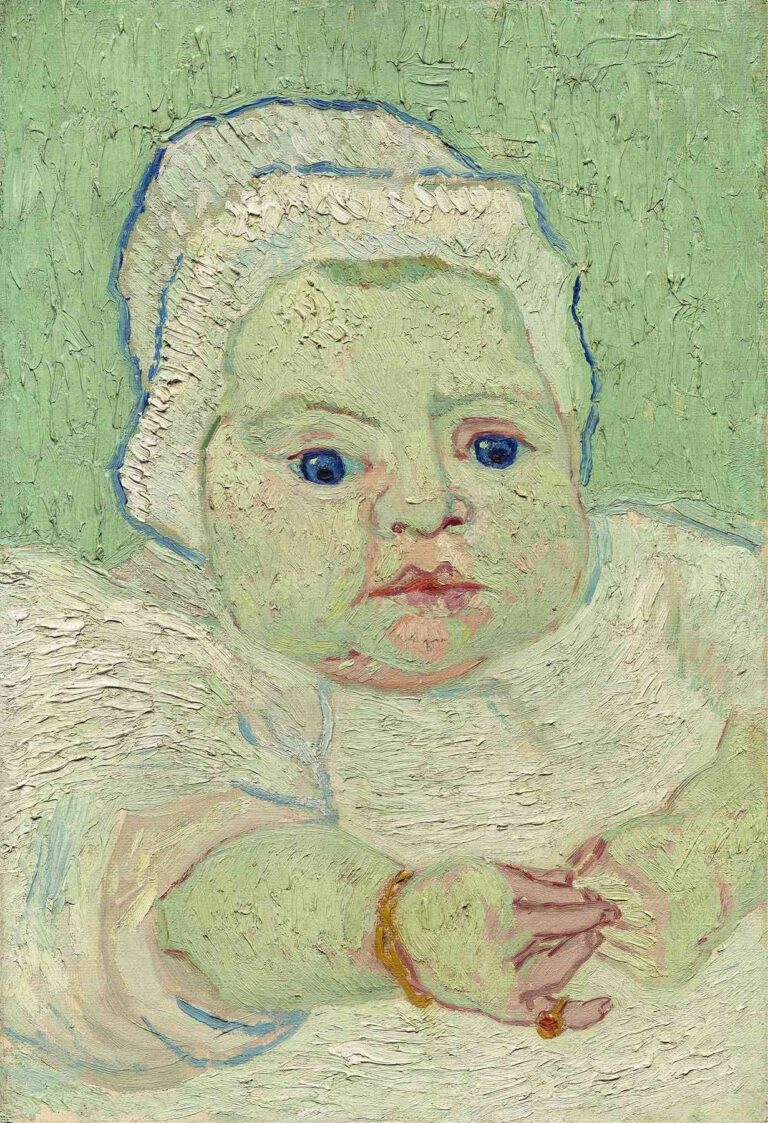 Vincent van Gogh, “Roulin’s Baby” (1888): close‐up portrait of an infant with rosy cheeks, blue eyes, and a white bonnet against a textured pale-green background.