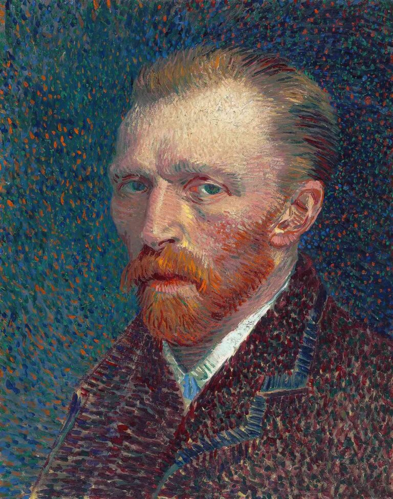 Vincent van Gogh, “Self-Portrait” (1887): half-length view of the artist in a dark jacket and white shirt, gazing directly with auburn beard and textured hatched brushstrokes set against a green-pink background.