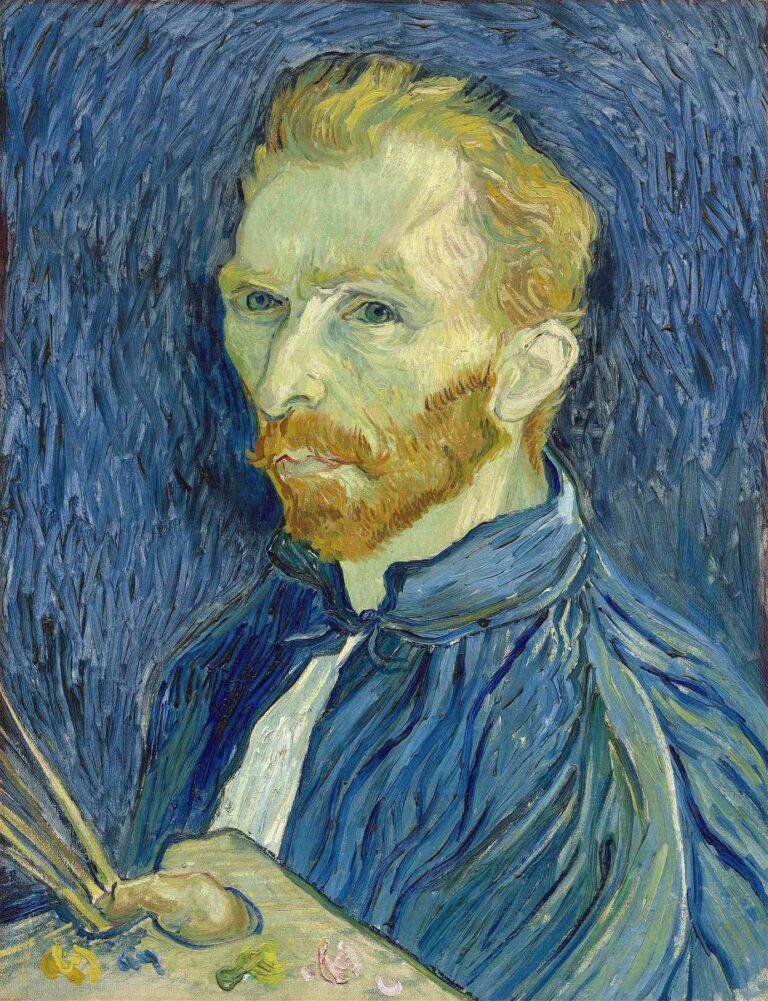 Vincent van Gogh, “Self-Portrait” (1889): the artist gazes forward, holding brushes and palette, set against a swirling blue background rendered in thick, rhythmic impasto.