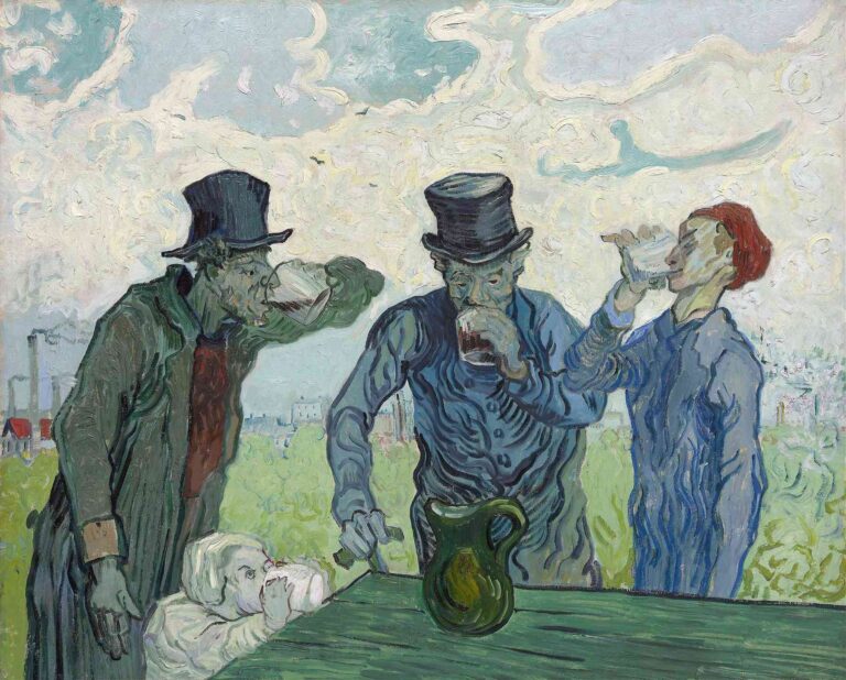 Vincent van Gogh, “The Drinkers” (1890): four figures—a woman with child, two men in top hats, and a youth—gathered around a green table outdoors, drinking from jugs under a swirling sky.
