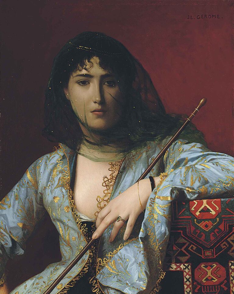 Close-up portrait of a young Circassian woman draped in a semi-transparent veil, holding a slender rod against a rich red background, by Jean-Léon Gérôme.