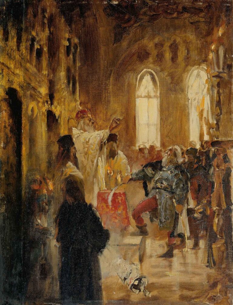 Jan Matejko’s Coronation Scene, showing a dimly lit cathedral interior with a bishop raising his hand in blessing during a royal coronation, surrounded by nobles, clergy, and flickering candlelight.