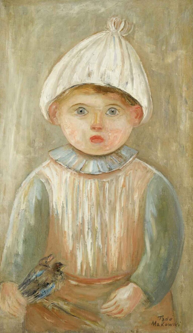 Oil on canvas showing a young boy in a white cap and simple tunic holding a small bird against a muted background, by Tadeusz Makowski.