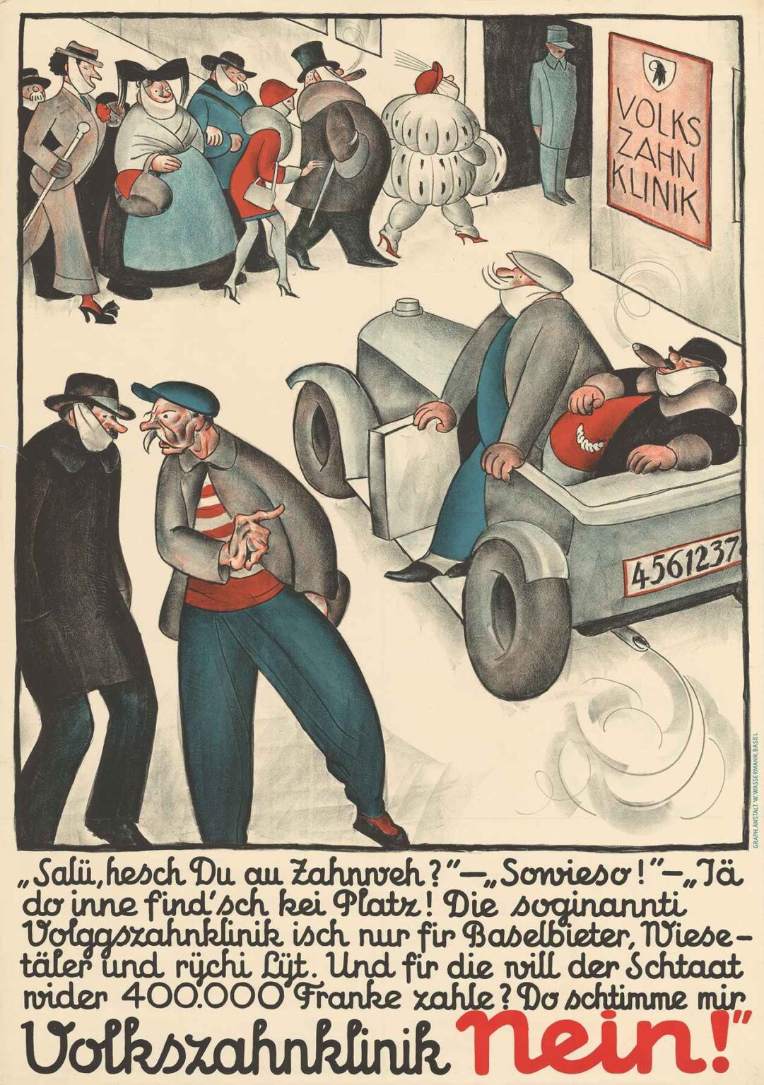 Otto Plattner’s 1928 poster Volkszahnklinik Nein! showing wealthy people entering a dental clinic while working-class men are excluded, illustrating class critique in satirical cartoon style.