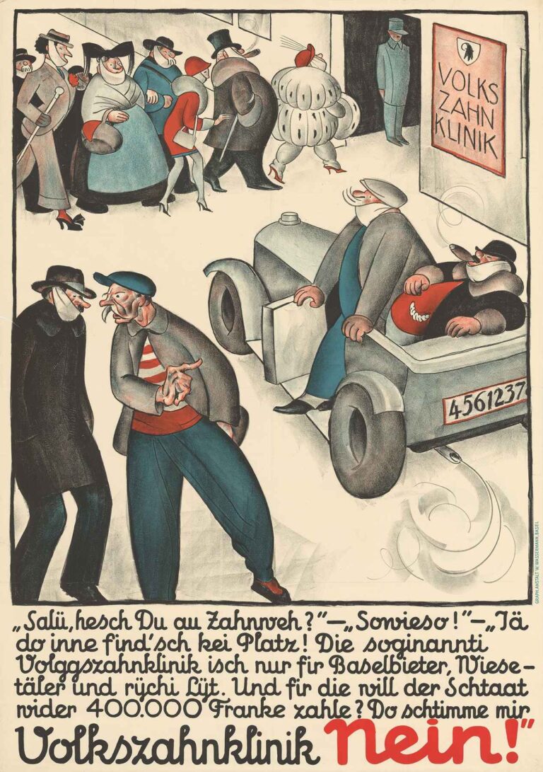 Otto Plattner’s 1928 poster Volkszahnklinik Nein! showing wealthy people entering a dental clinic while working-class men are excluded, illustrating class critique in satirical cartoon style.