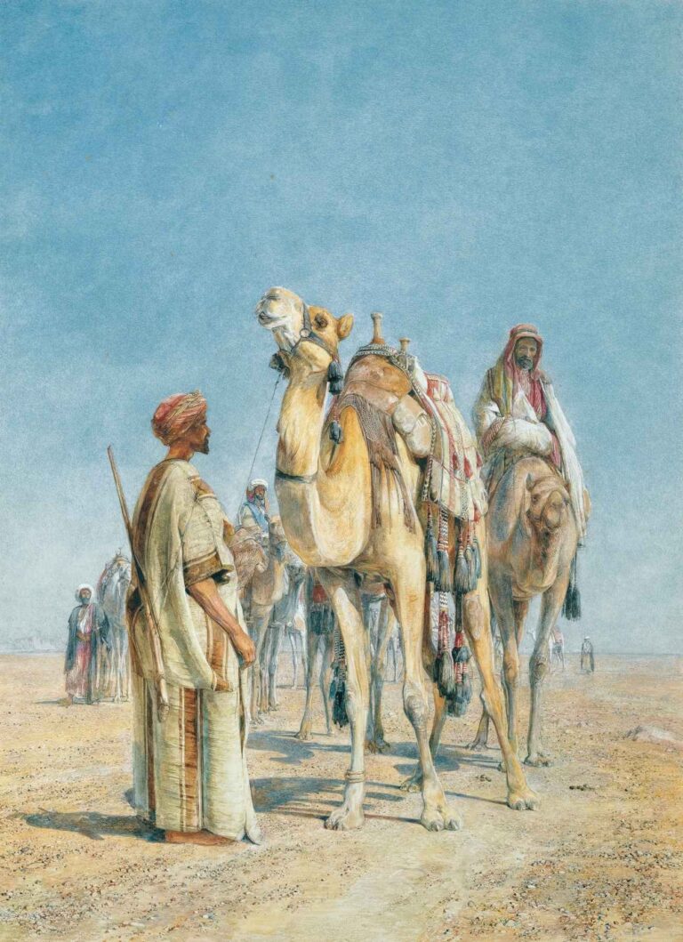 Watercolor depicting an Arab caravan halted on a vast sandy desert plain: robed men stand beside richly saddled camels beneath a pale blue sky.