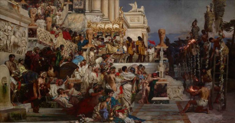 Henryk Siemiradzki’s Nero’s Torches (1876), a vast historical painting showing Roman Emperor Nero feasting while early Christian martyrs are burned alive as torches in his garden.