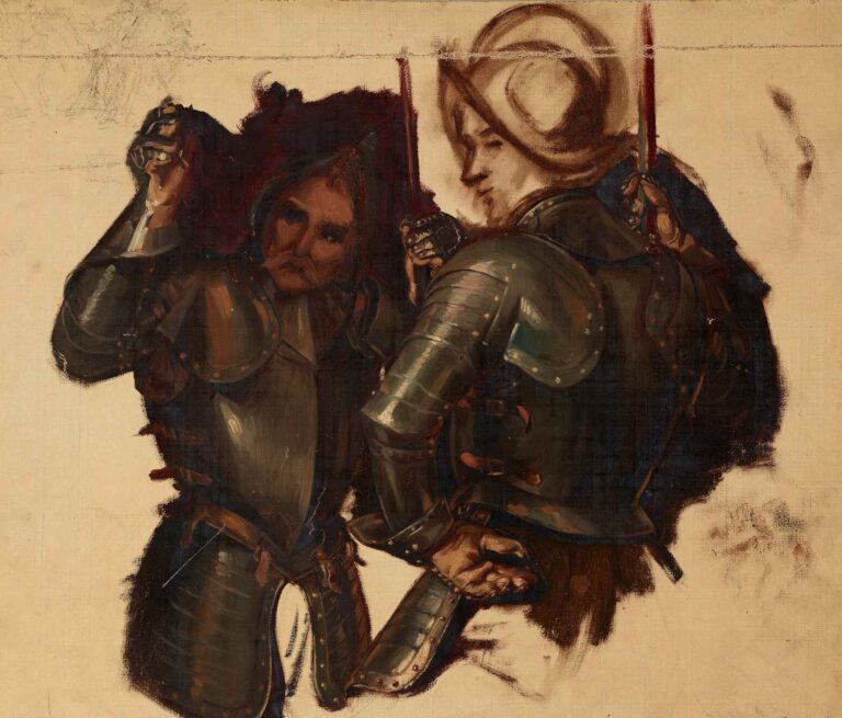 An unfinished historical painting by Józef Simmler showing two armored guards with raised swords, rendered in dramatic lighting against a bare canvas background.