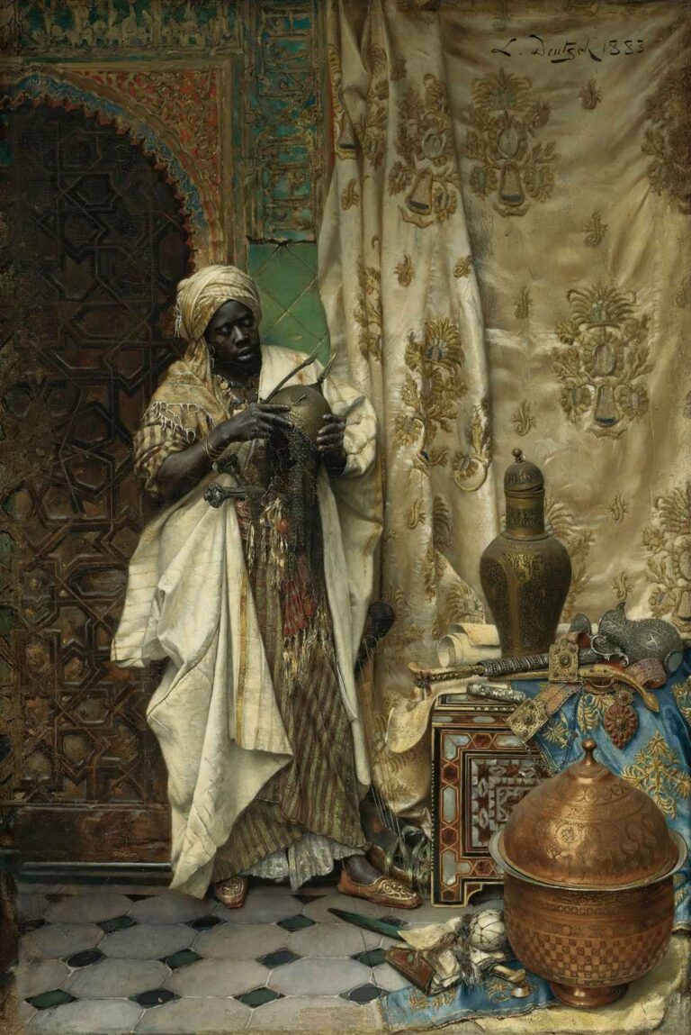 Oil painting by Ludwig Deutsch showing a turbaned merchant in flowing robes presenting brass vessels and inlaid boxes to three European travelers in a sunlit Cairo courtyard.