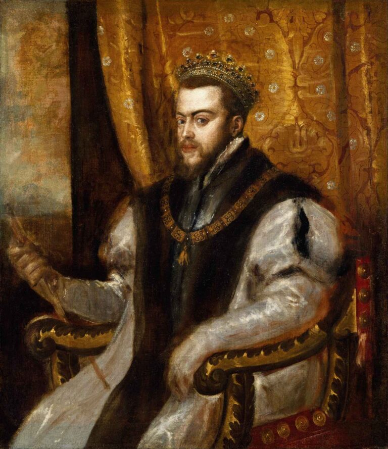 Oil portrait of King Philip II seated in a gilded armchair, wearing a black doublet, white sleeves, the Order of the Golden Fleece chain, and a jeweled crown, against a gold-embroidered curtain.