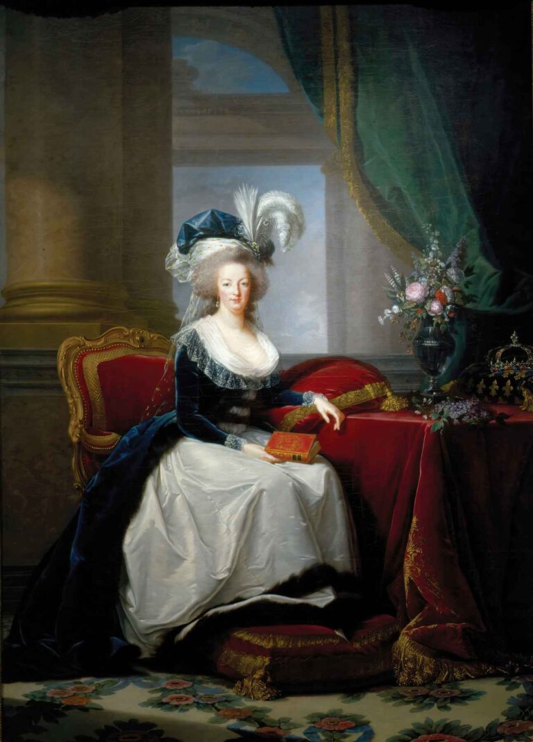 Portrait of Marie Antoinette by Élisabeth Louise Vigée Le Brun (1788), depicting the French queen seated in royal attire with a book, crown, and floral arrangement beside her.
