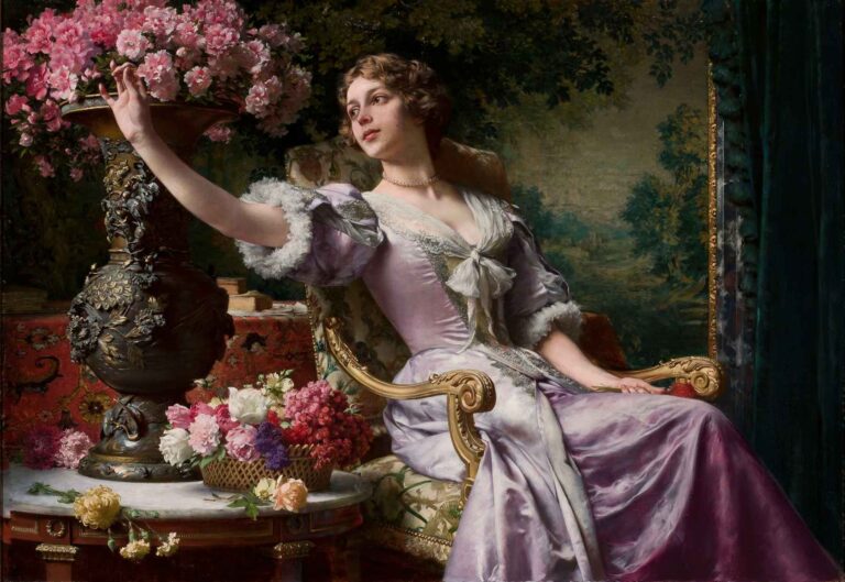 Oil portrait of a young woman in a lilac silk dress seated on a gilded chair, reaching toward pink peonies in an ornate bronze vase on a marble table.