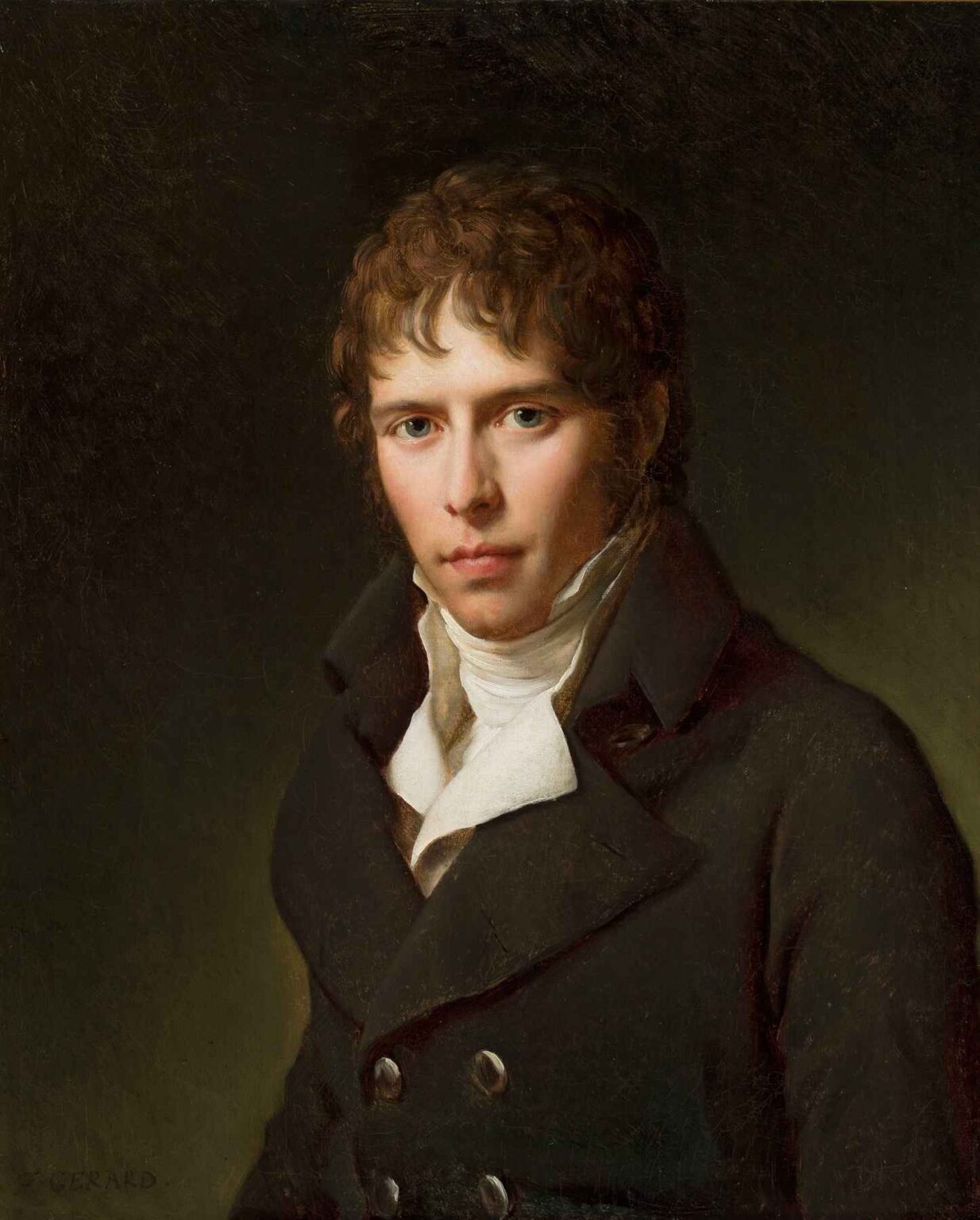 Neoclassical portrait of a young Polish nobleman wearing a dark blue overcoat with silver buttons, white cravat, and holding a sword hilt, set against a muted brown background.