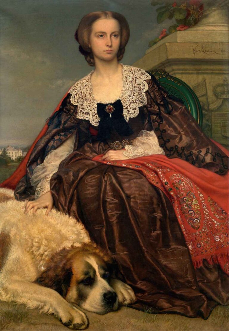 Portrait of Princess Herminie de Looz et Corswarem by Jozef Van Lerius, showing a seated noblewoman in a rich brown silk gown with lace collar and red shawl, accompanied by a large Saint Bernard dog resting at her feet.