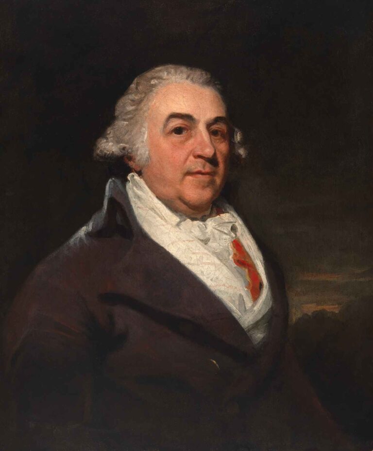 Half-length oil portrait by John Hoppner of Richard Bache, showing a gentleman in a dark coat and white cravat against a deep, shadowed background.