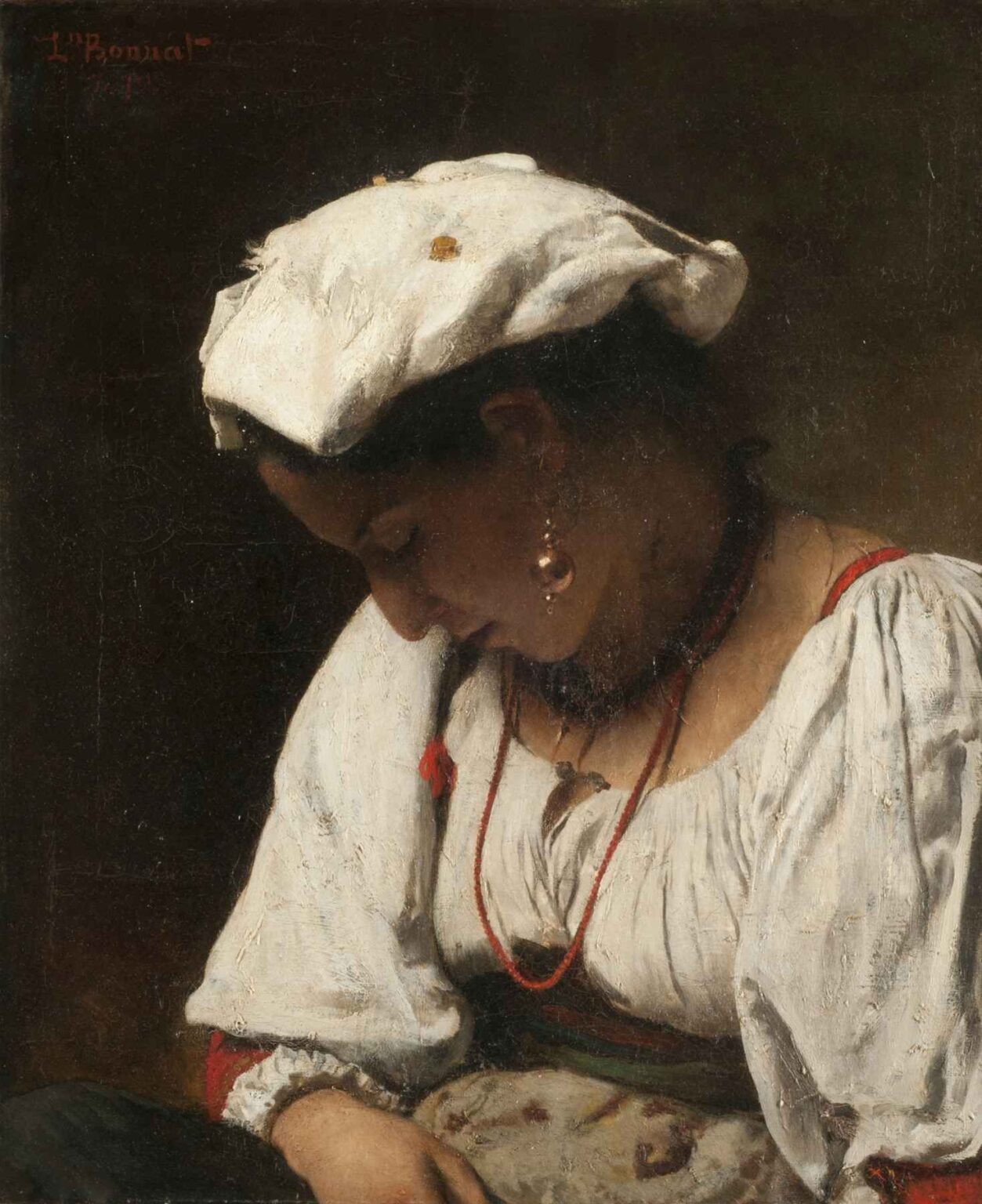 Oil painting showing a young woman seated on a wooden bench, head bowed and hands clasped, lit by a single beam of light against a dark background.