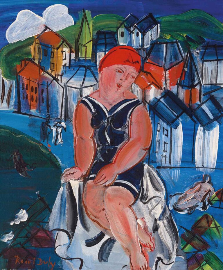 Fauvist oil painting of a young child in a navy bathing suit and red cap seated on a white cloth, with colorful seaside houses, sailboats, and green hills under a deep blue sky.