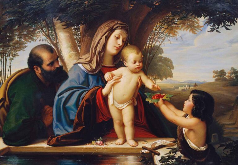 Steinle’s 1855 oil shows Mary holding the Christ Child, Joseph praying, and John the Baptist offering berries.