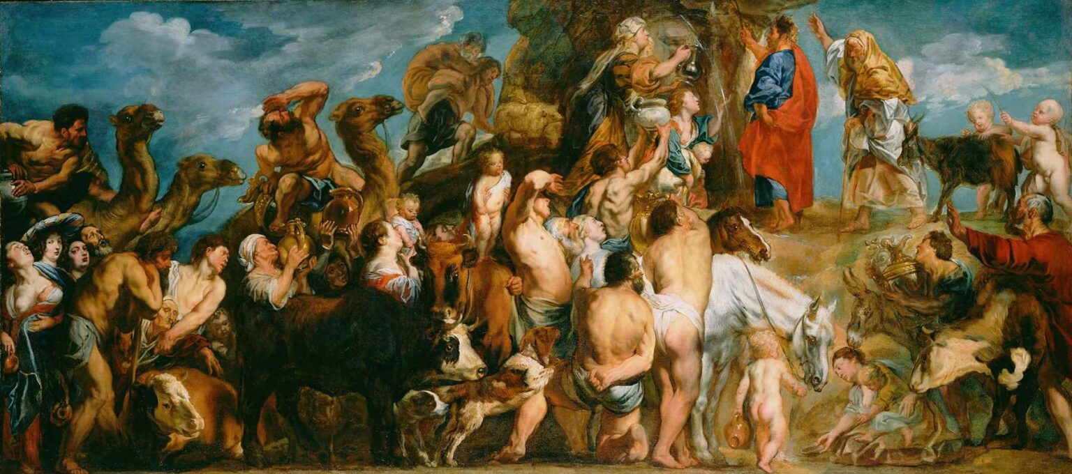 A dramatic Baroque painting by Jacob Jordaens showing Moses striking a rock as water flows, surrounded by a crowd of desperate people, animals, and vessels.