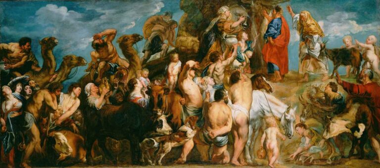 A dramatic Baroque painting by Jacob Jordaens showing Moses striking a rock as water flows, surrounded by a crowd of desperate people, animals, and vessels.