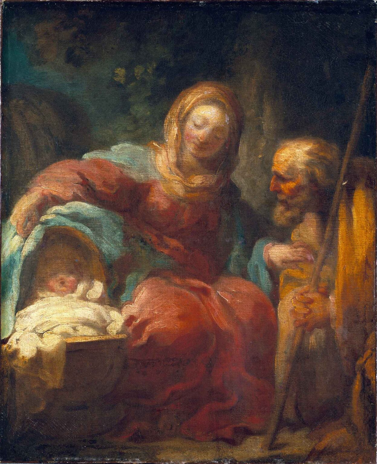 Rococo oil painting by Jean-Honoré Fragonard of the Holy Family resting in a forest: Mary cradles the sleeping Christ Child while Joseph stands guard beside them.
