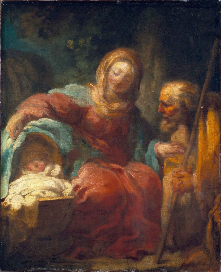 Rococo oil painting by Jean-Honoré Fragonard of the Holy Family resting in a forest: Mary cradles the sleeping Christ Child while Joseph stands guard beside them.